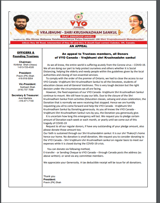 An appeal to Trustees members, all Donors of VYO Canada