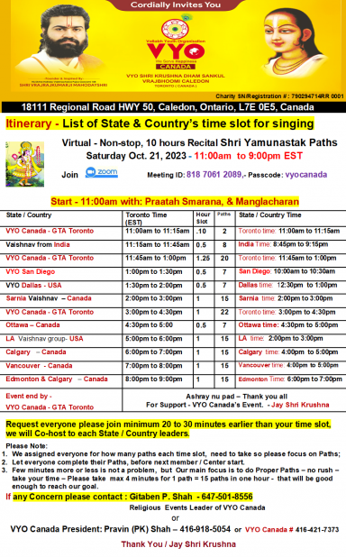 VYO Canada - Virtual Non Stop 10 hours recital Shri Yamunastak paths -- flyer for Itinerary - list of state & Country's time slots & number of Paths s